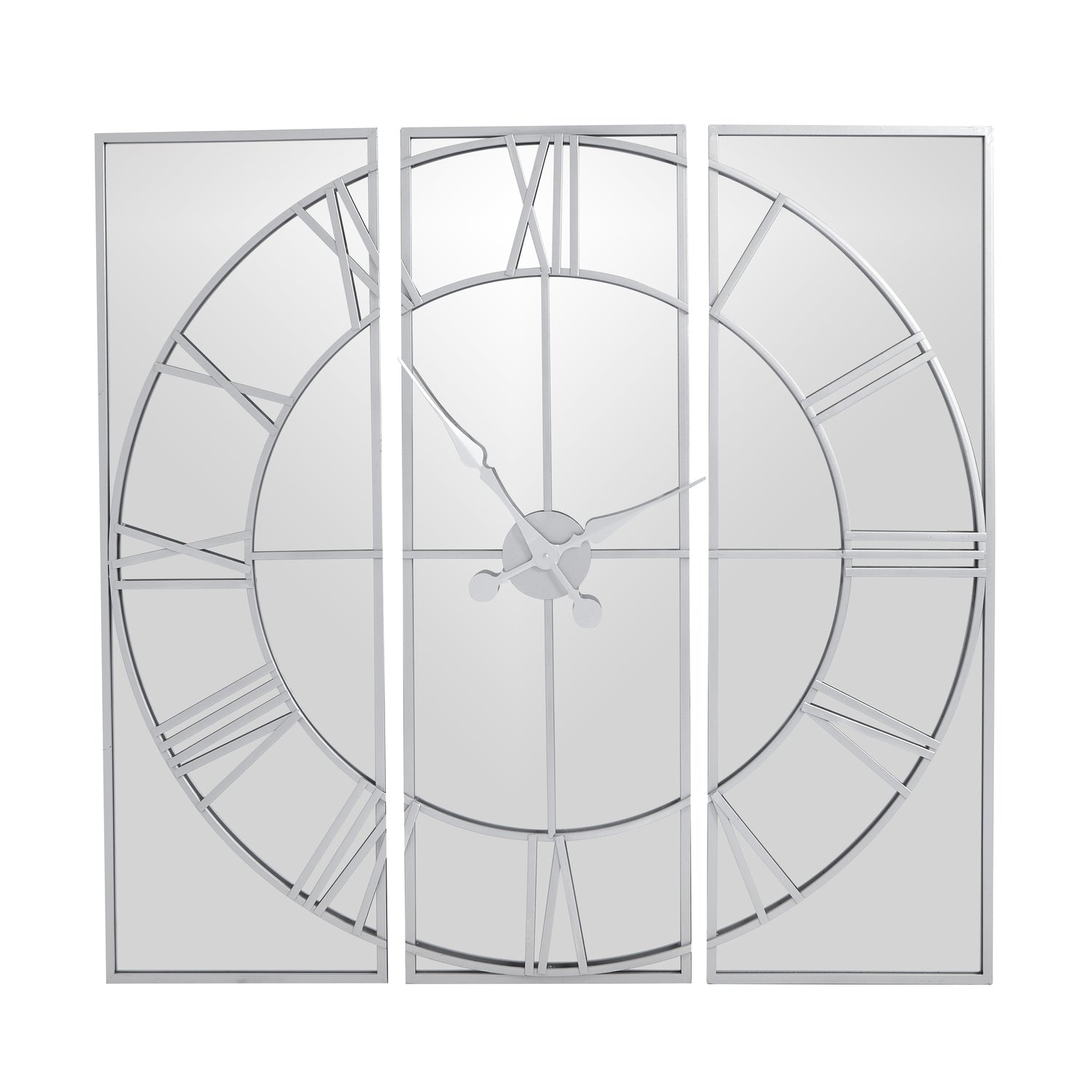 Set of three decorative wall mirrors with clock design on a white background