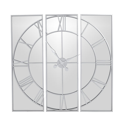 Set of three decorative wall mirrors with clock design on a white background