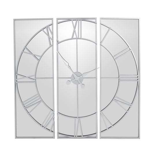 Set of three decorative wall mirrors with clock design on a white background