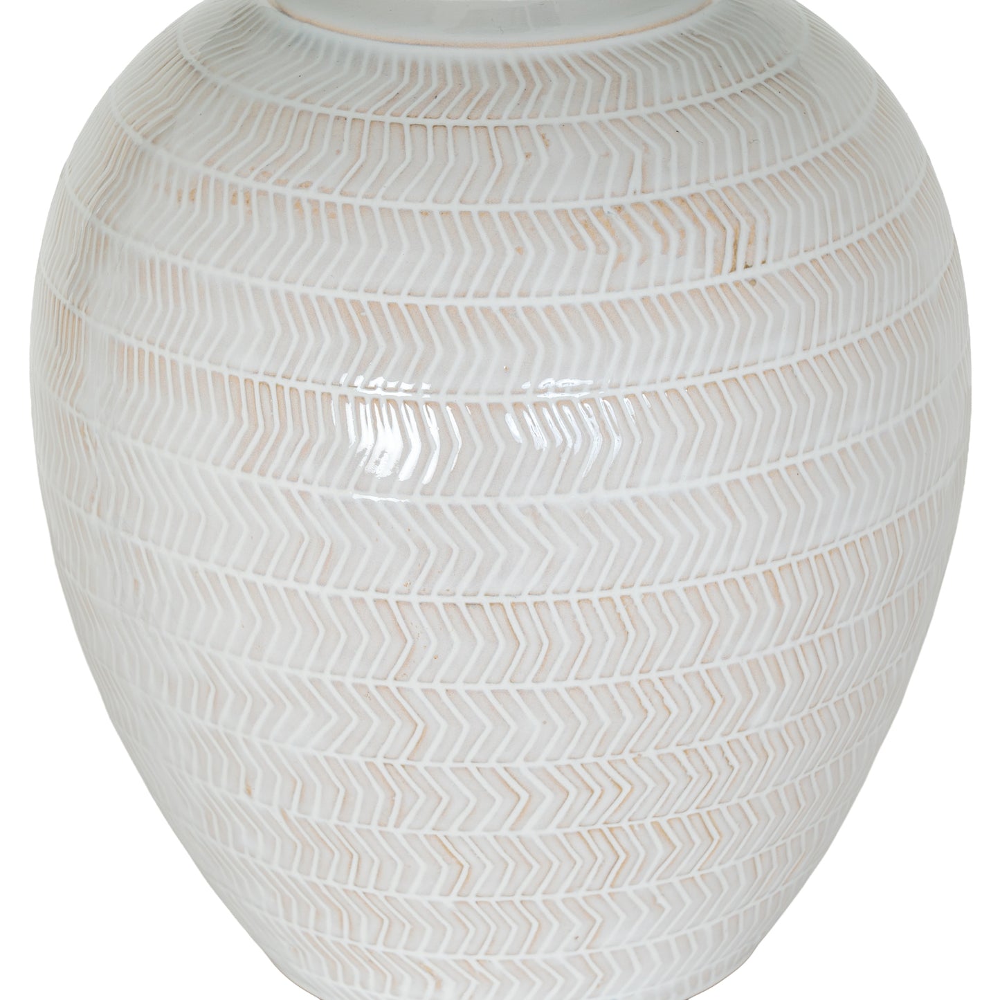 White ceramic vase with a textured pattern on a white background