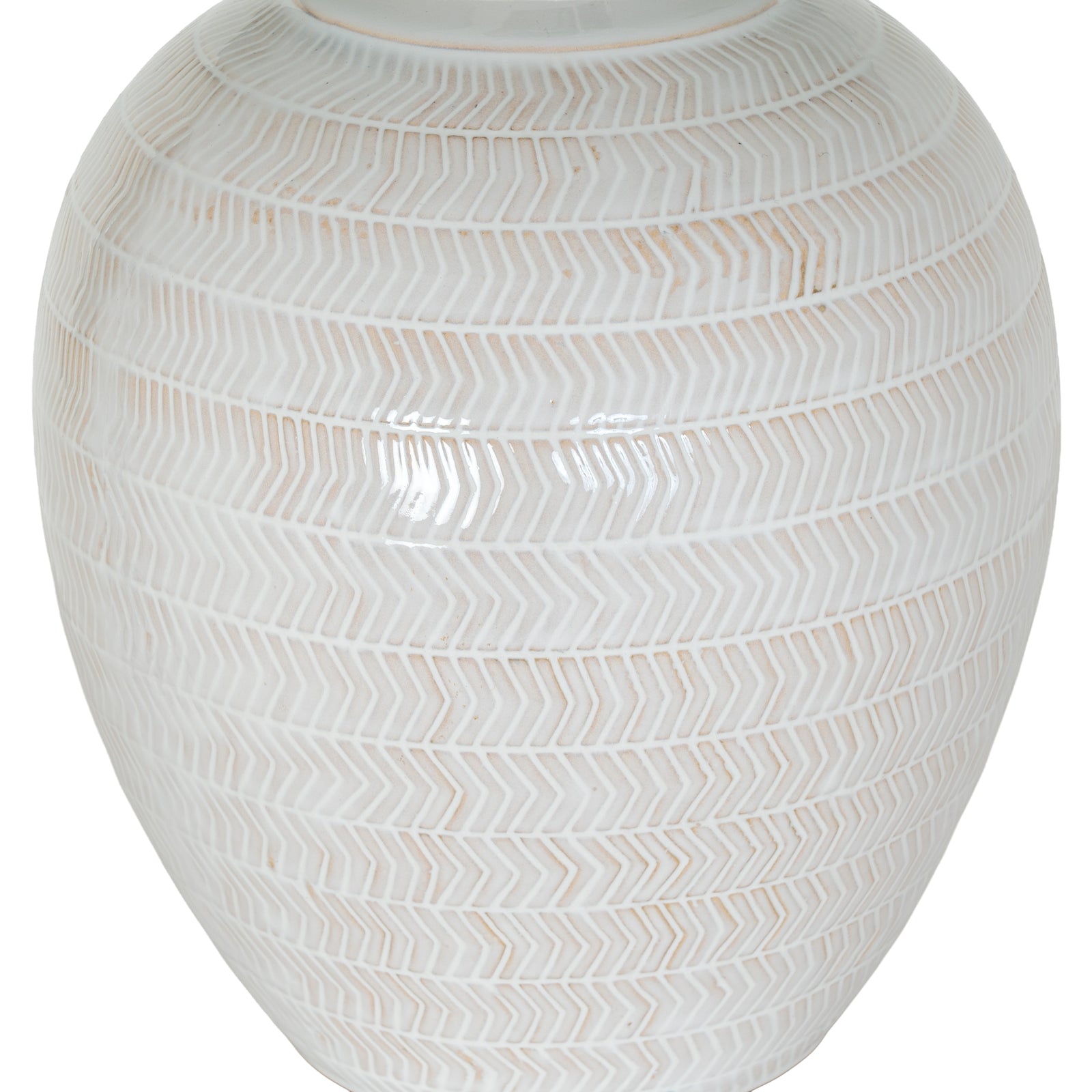 White ceramic vase with a textured pattern on a white background
