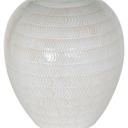White ceramic vase with a textured pattern on a white background