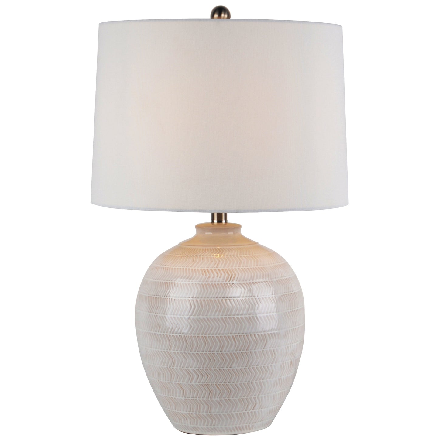 Table lamp with textured white base and white shade on a white background