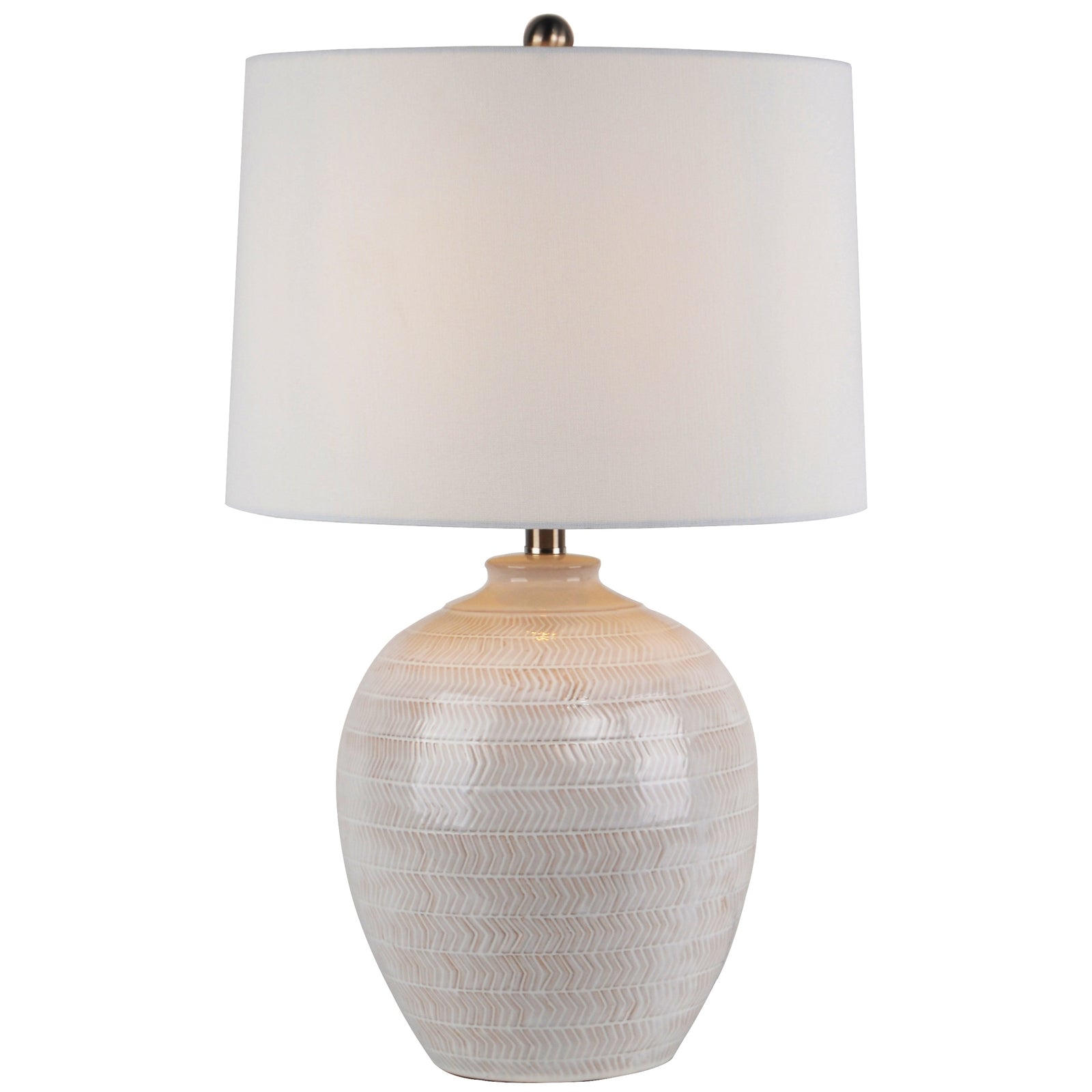 Table lamp with textured white base and white shade on a white background