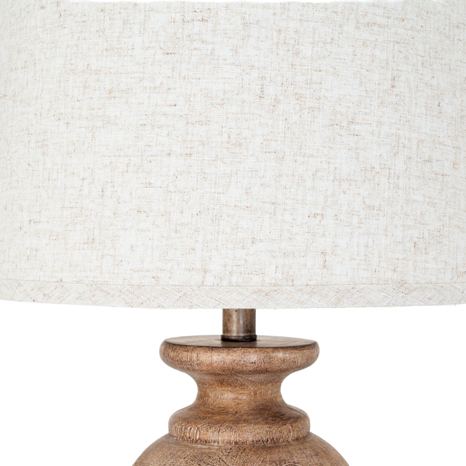 Close-up of a lamp with a wooden base and textured white shade on a white background
