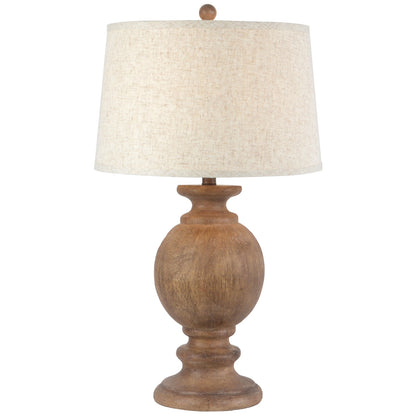 Wooden table lamp with a beige lampshade on a white background