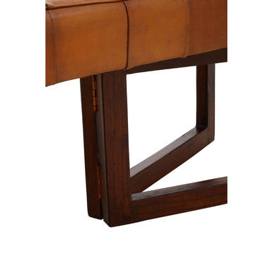 Close-up of a brown leather chair with wooden frame on a white background