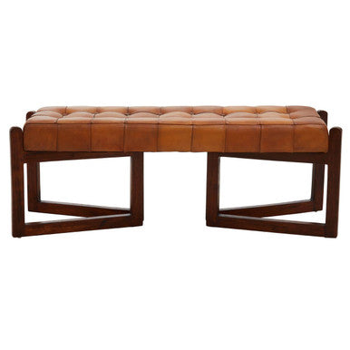 Brown leather bench with wooden frame on a white background