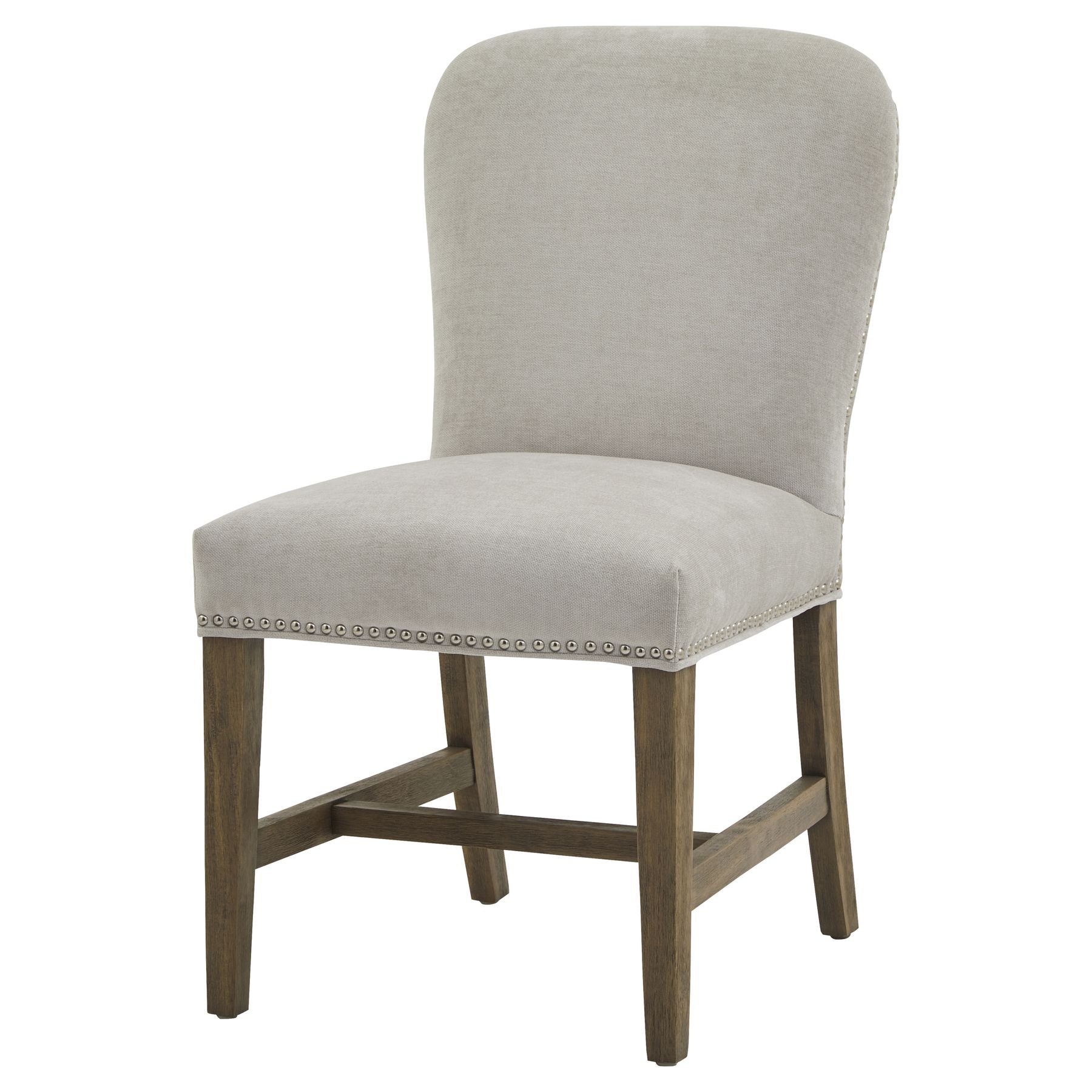 Beige upholstered chair with wooden legs on a white background
