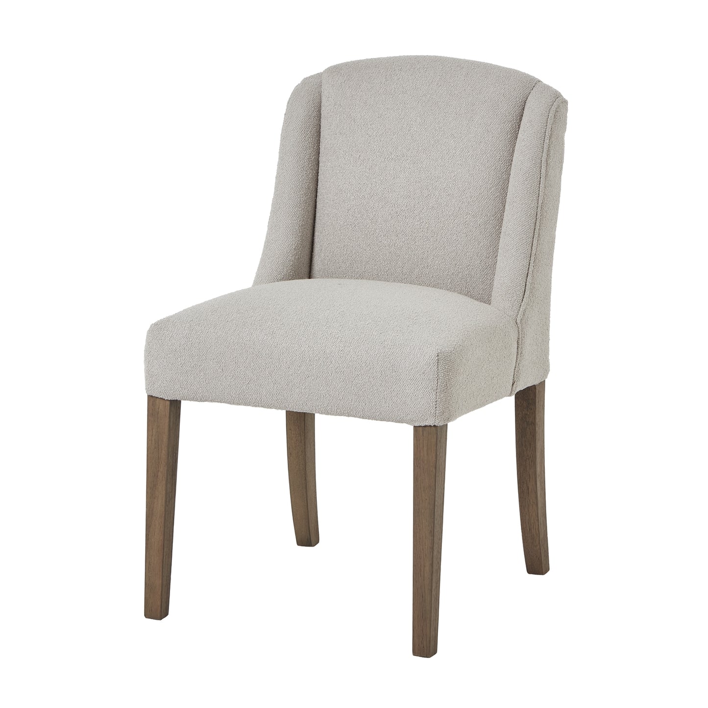 Beige upholstered chair with wooden legs on a white background