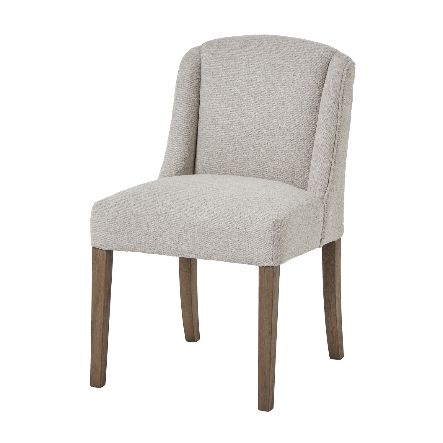 Beige upholstered chair with wooden legs on a white background