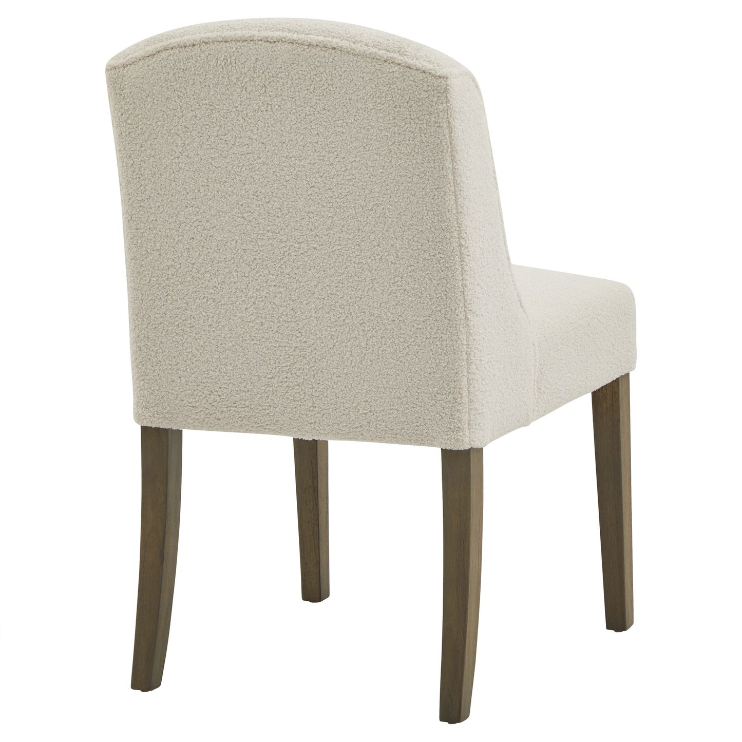 Beige upholstered chair with wooden legs on a white background
