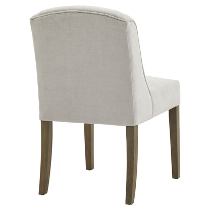 Beige upholstered chair with wooden legs on a white background