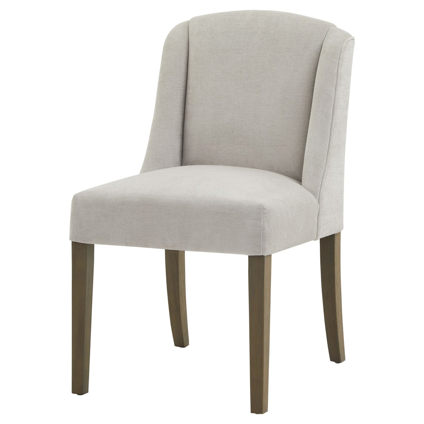 Beige upholstered chair with wooden legs on a white background