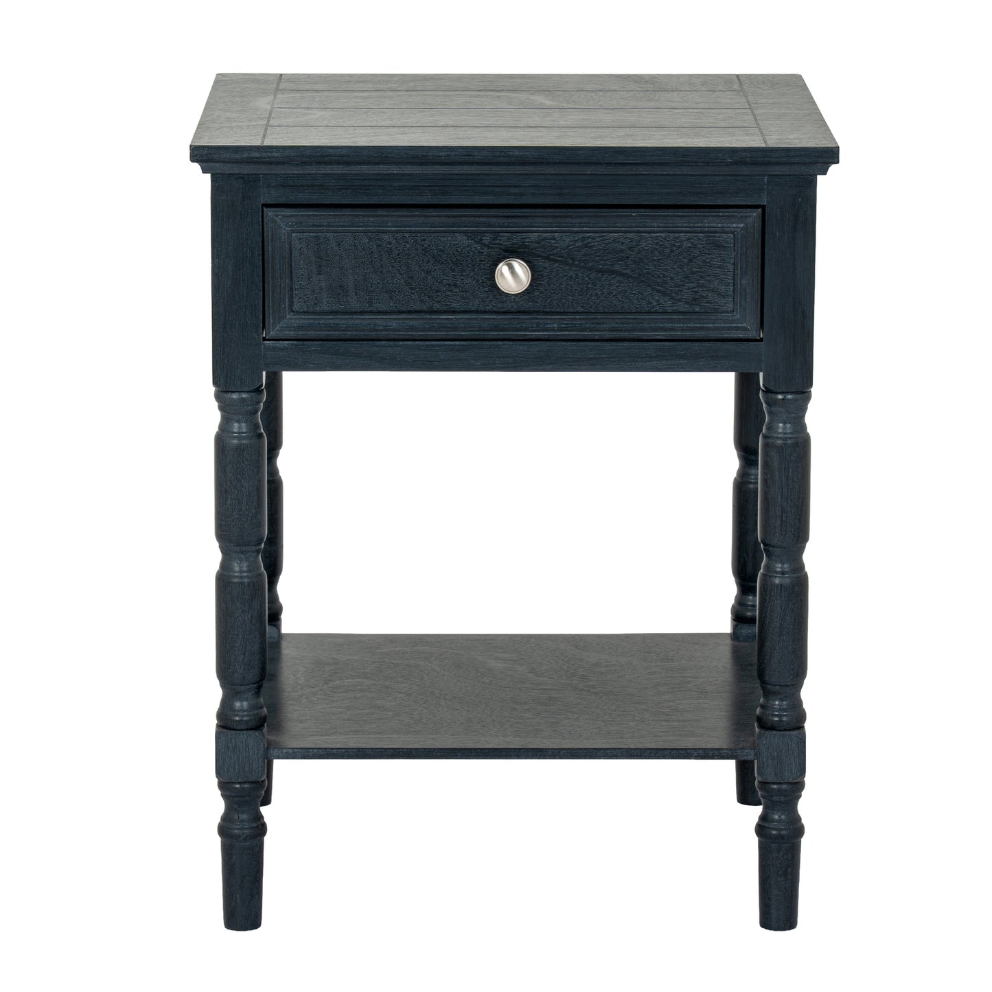 Black side table with a drawer on a white background