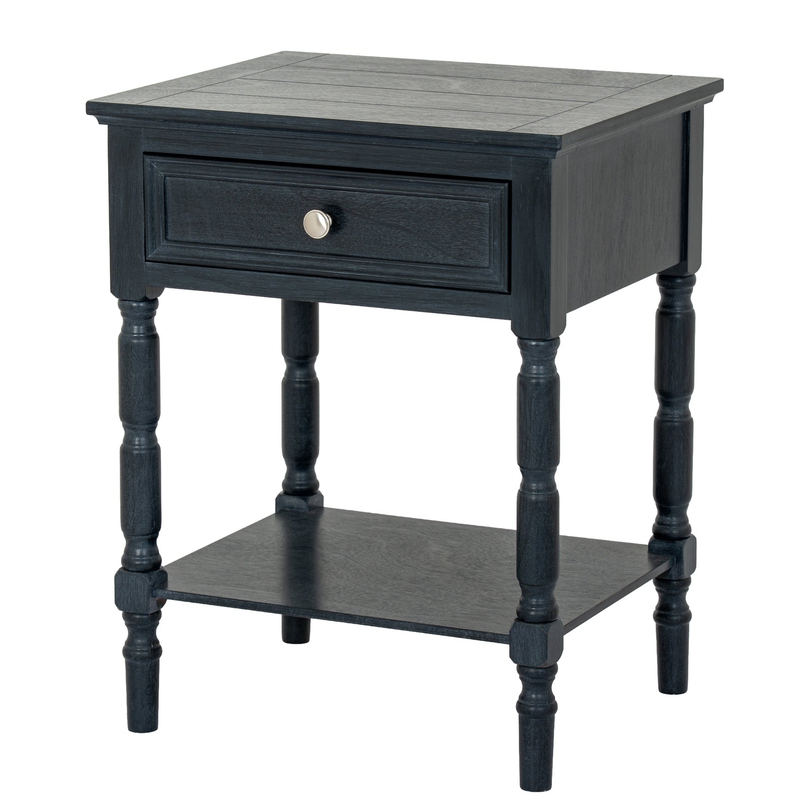 Black side table with a drawer on a white background