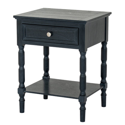 Black side table with a drawer on a white background