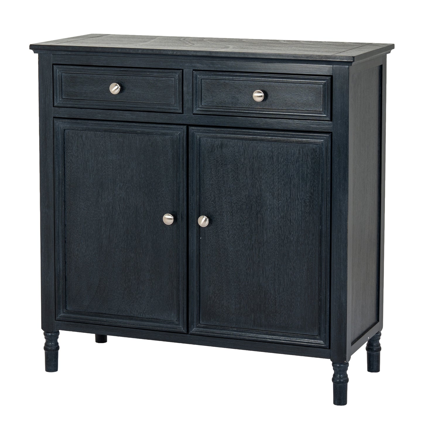Black cabinet with two doors and two drawers on a white background