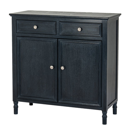 Black cabinet with two doors and two drawers on a white background
