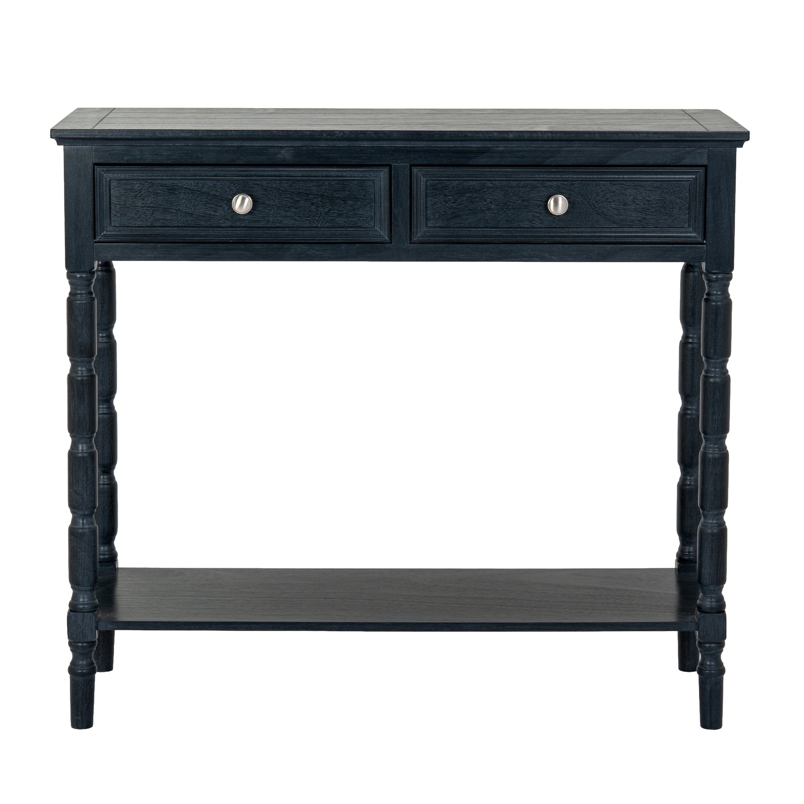 Black console table with two drawers on a white background