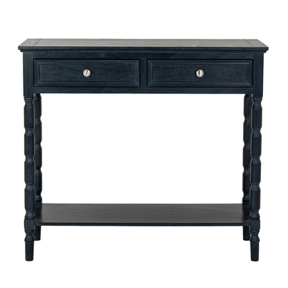 Black console table with two drawers on a white background