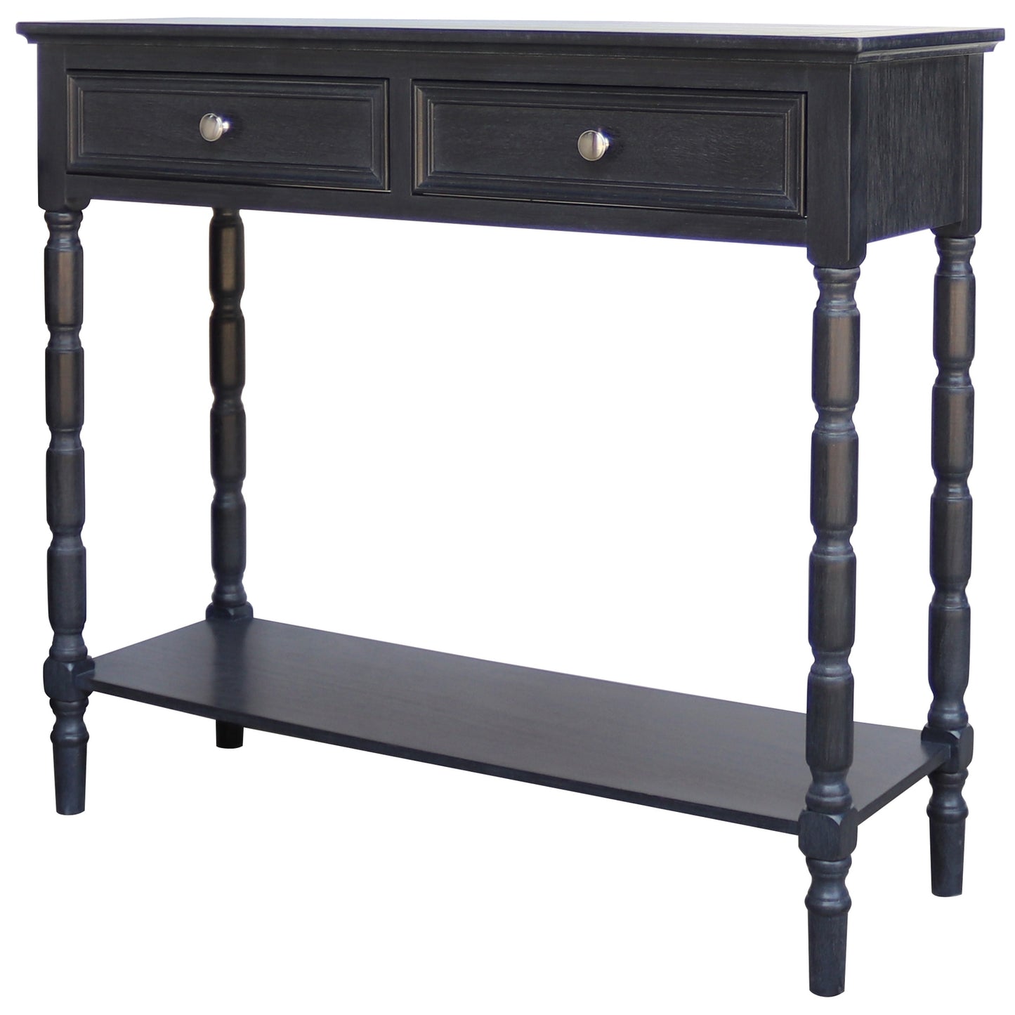 Black console table with two drawers and a shelf on a white background