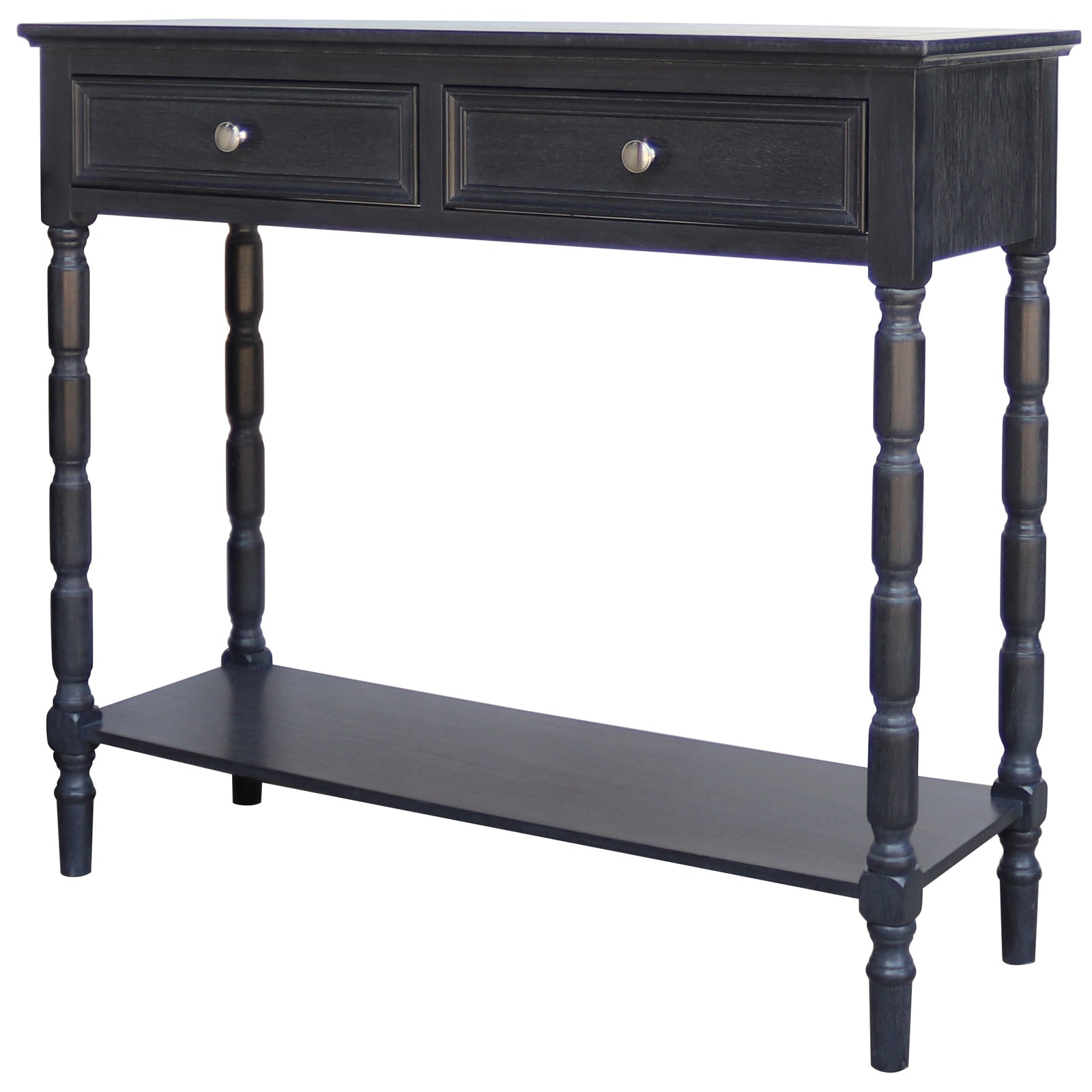 Black console table with two drawers and a shelf on a white background