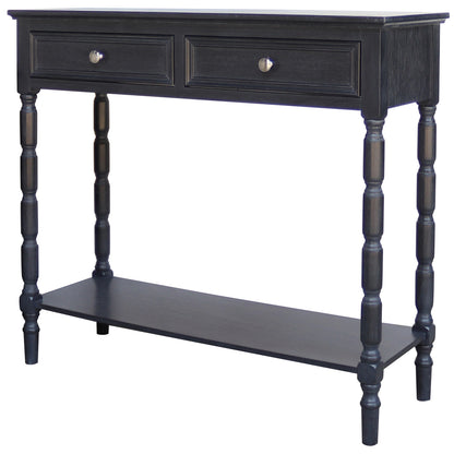 Black console table with two drawers and a shelf on a white background