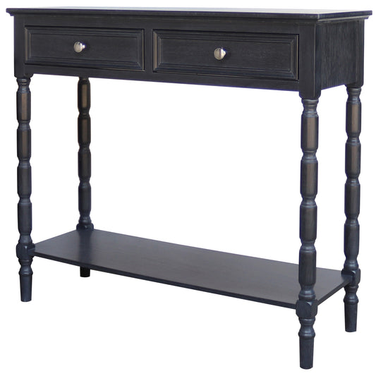 Black console table with two drawers and a shelf on a white background