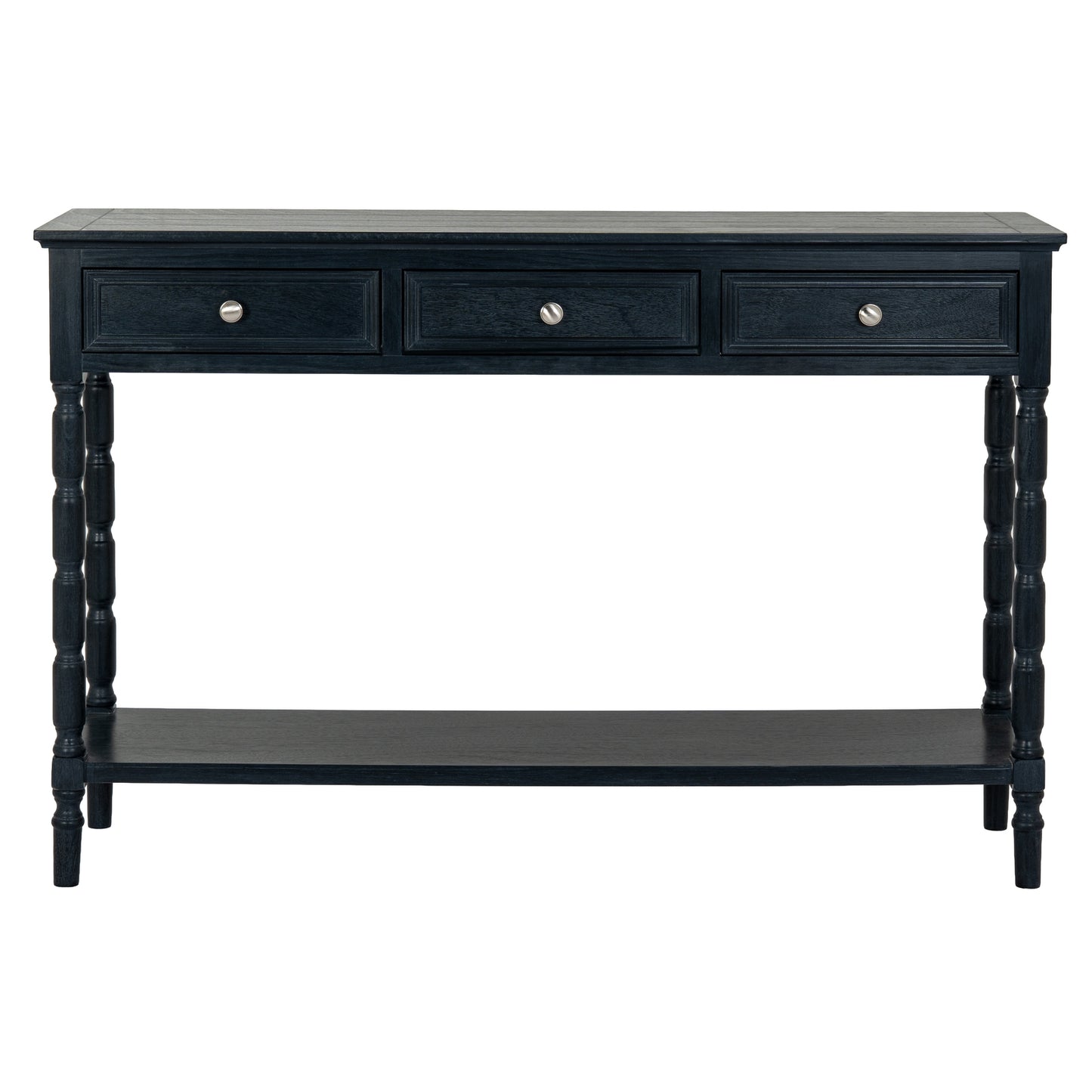 Black console table with three drawers on a white background
