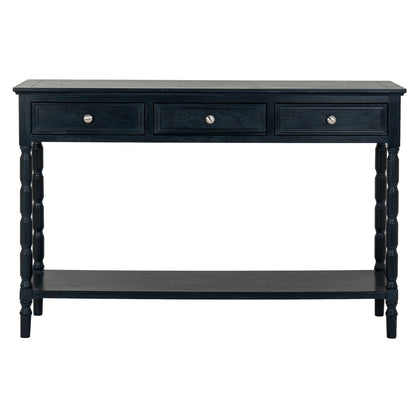 Black console table with three drawers on a white background