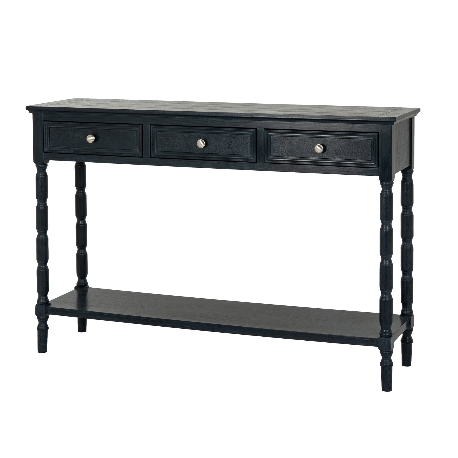 Black console table with three drawers and a shelf on a white background