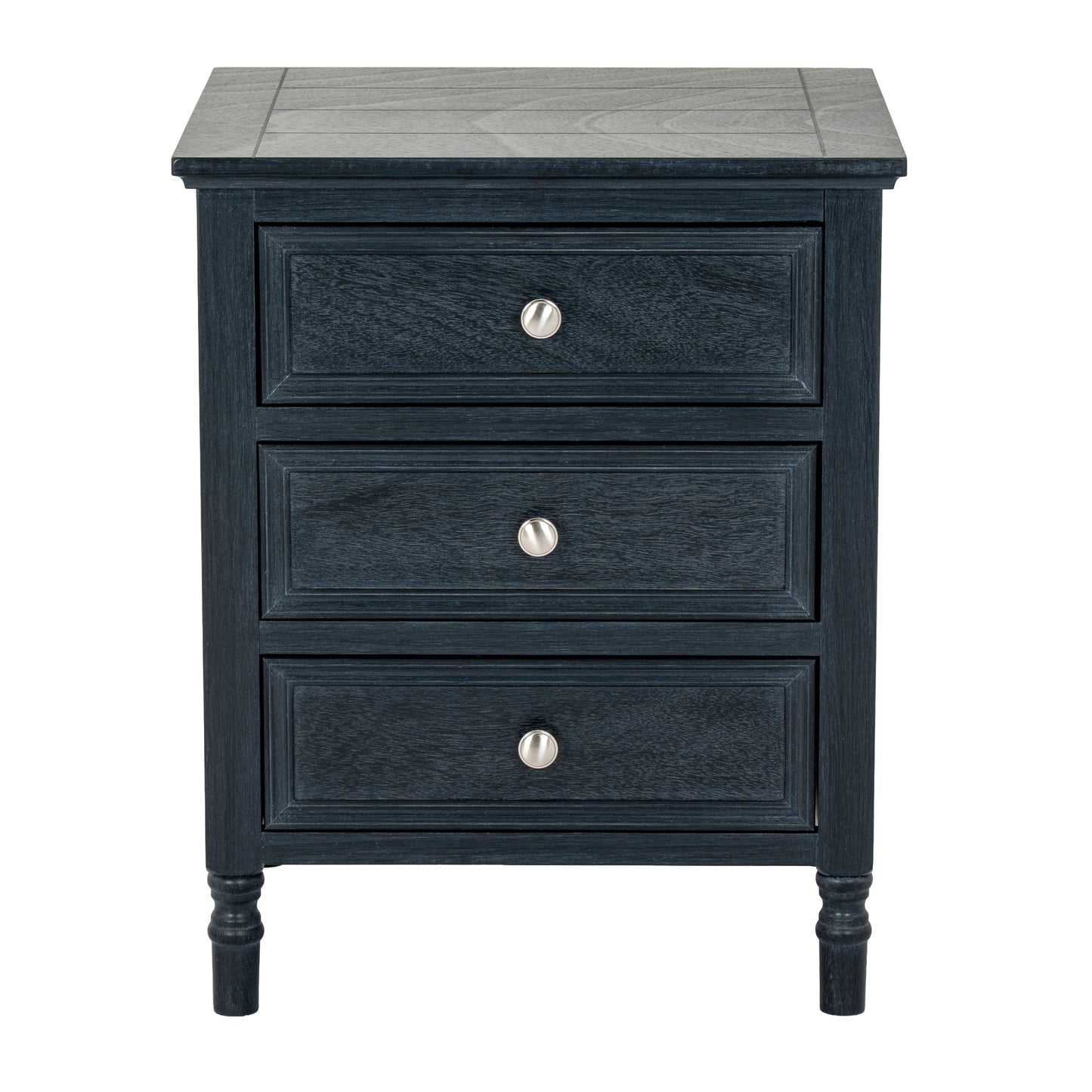 Dark blue nightstand with three drawers and silver knobs on a white background