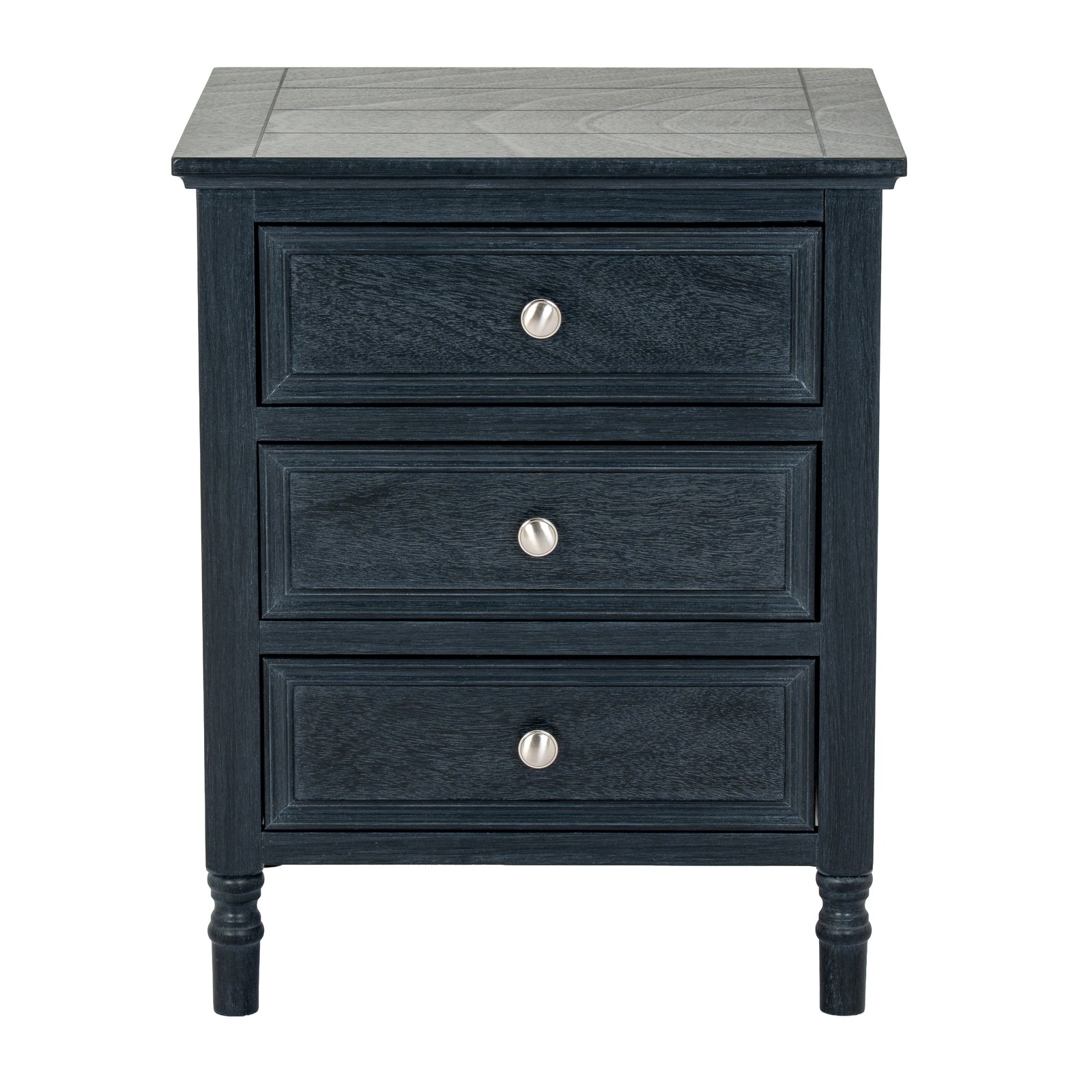 Dark blue nightstand with three drawers and silver knobs on a white background