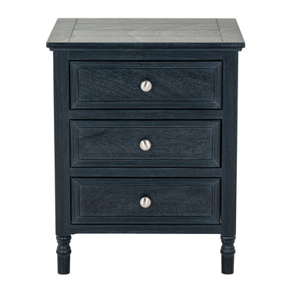 Dark blue nightstand with three drawers and silver knobs on a white background