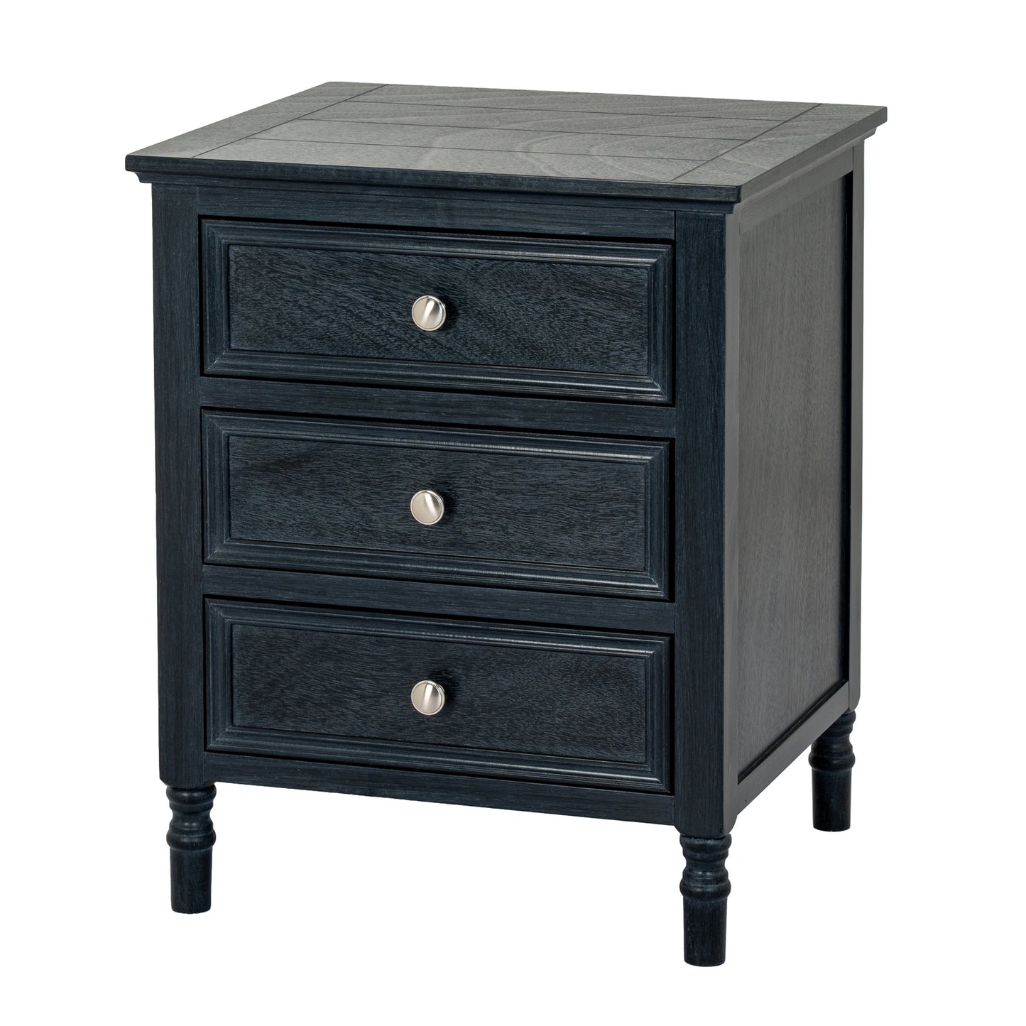 Black three-drawer nightstand with silver knobs on a white background