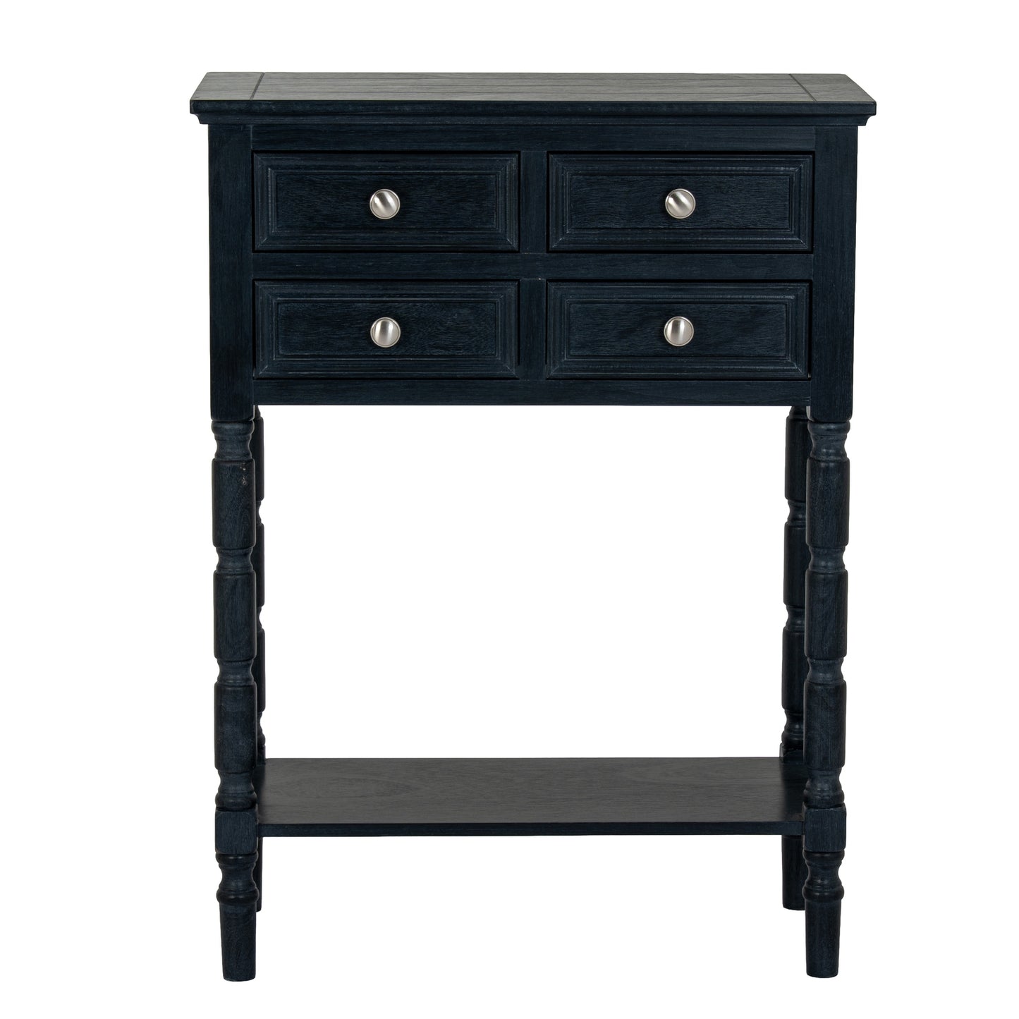 Black side table with four drawers and a shelf on a white background