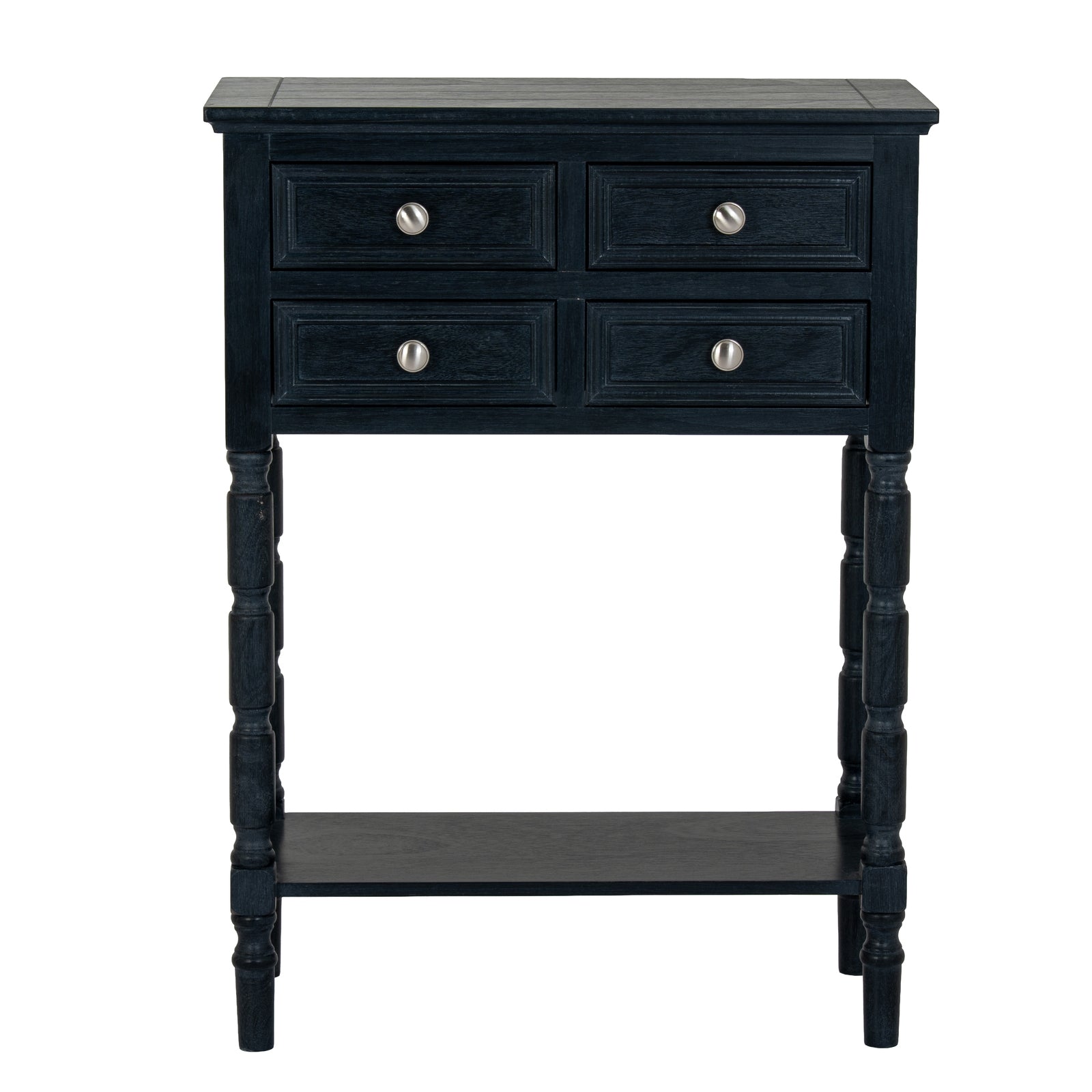 Black side table with four drawers and a shelf on a white background