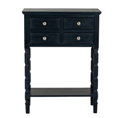 Black side table with four drawers and a shelf on a white background