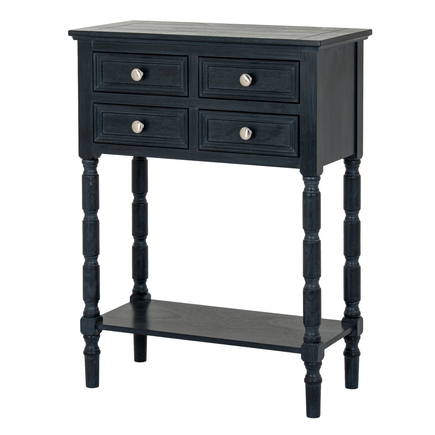 Black side table with four drawers and a shelf on a white background