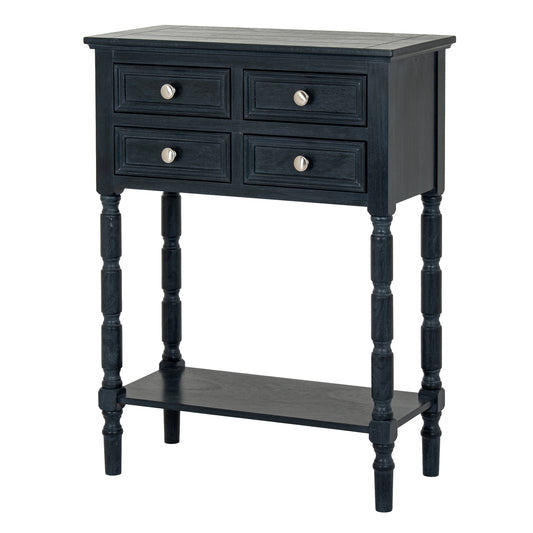 Black side table with four drawers and a shelf on a white background