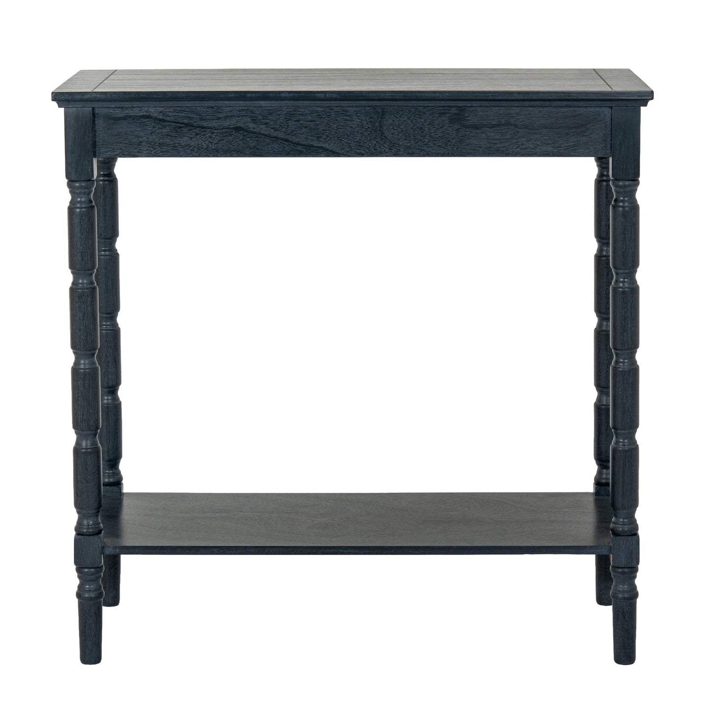 Black side table with a shelf on a white background