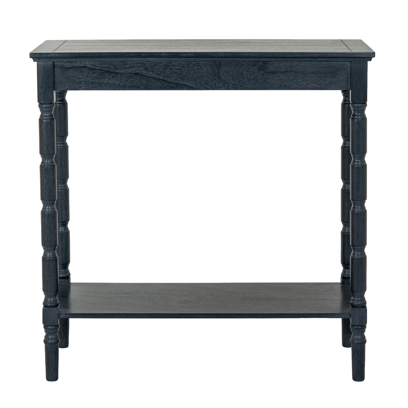 Black side table with a shelf on a white background