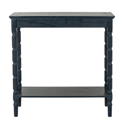 Black side table with a shelf on a white background