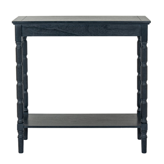 Black side table with a shelf on a white background