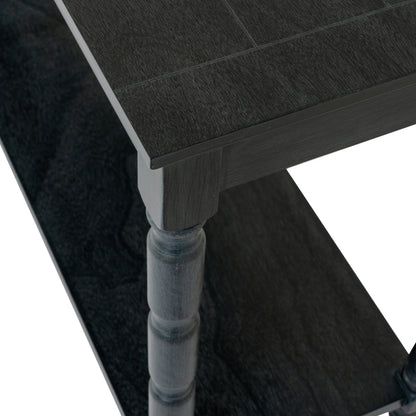 Close-up of a dark wooden table with a textured surface and white legs.