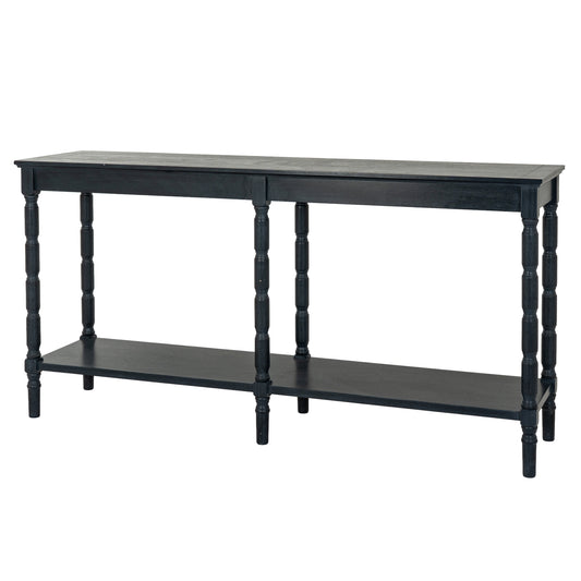 Black console table with a shelf on a white background