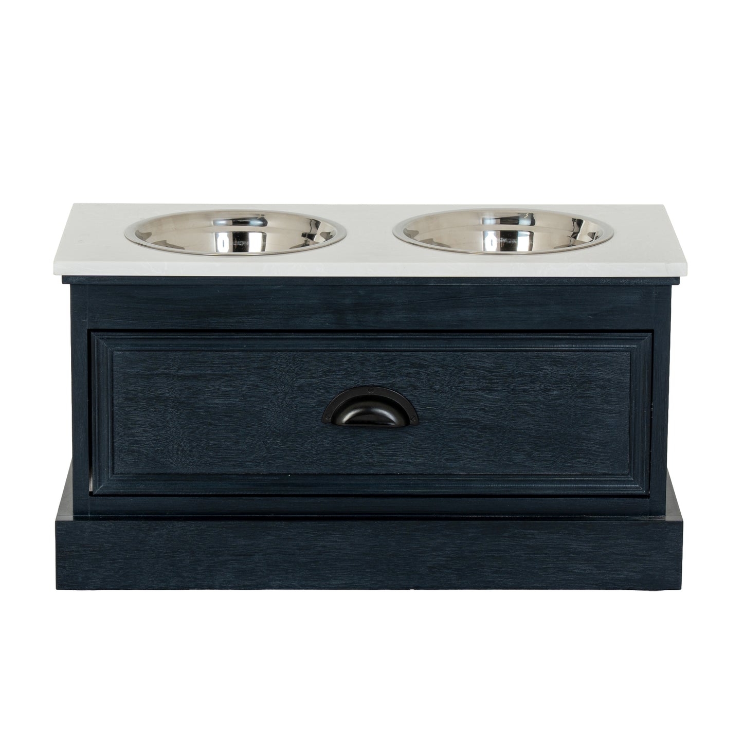 Navy blue pet feeder with two silver bowls on a white background