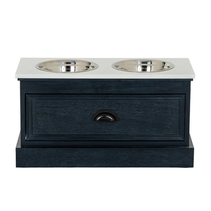 Navy blue pet feeder with two silver bowls on a white background