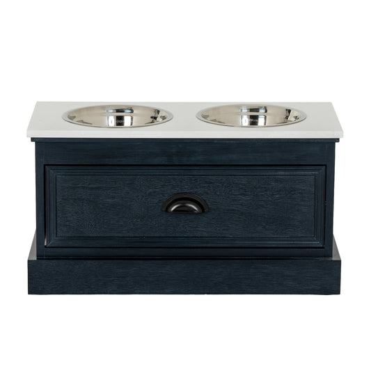 Navy blue pet feeder with two silver bowls on a white background